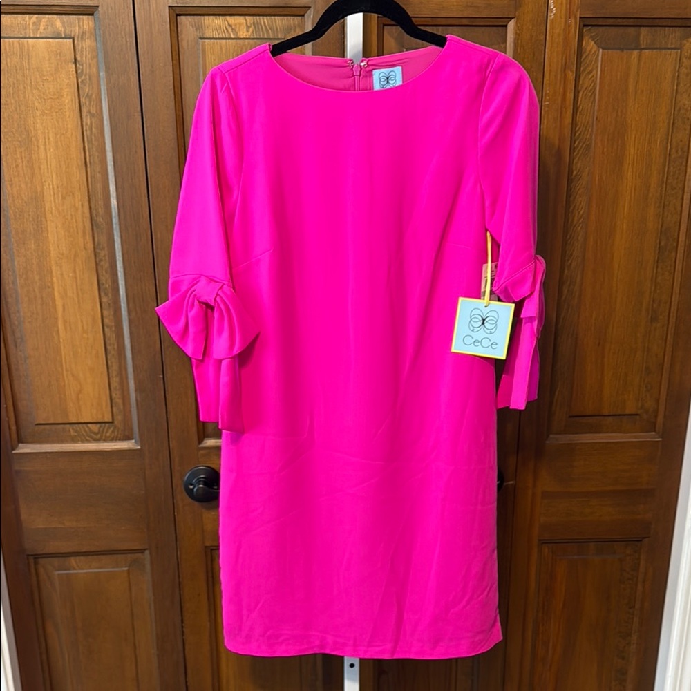 CeCe Fuchsia Long Sleeve Shift Dress with Bow Detail